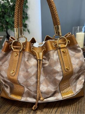 MCM Gold and Champagne Drawstring Shoulder Bag